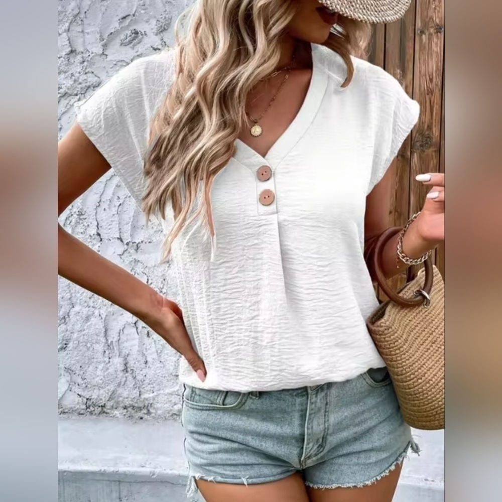 Women's V-Neck, Button Detail, Flowy Short Sleeve Blouse, Medium, White